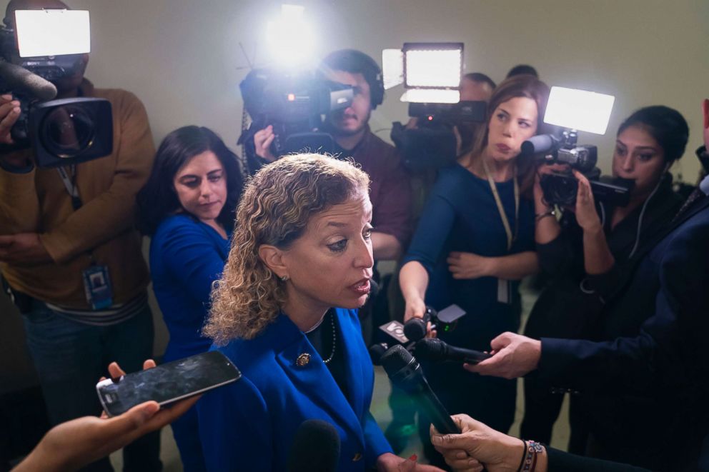 PHOTO: Rep. Debbie Wasserman Schultz speaks with reporters on Capitol Hill in Washington, D.C., Feb. 27, 2019.