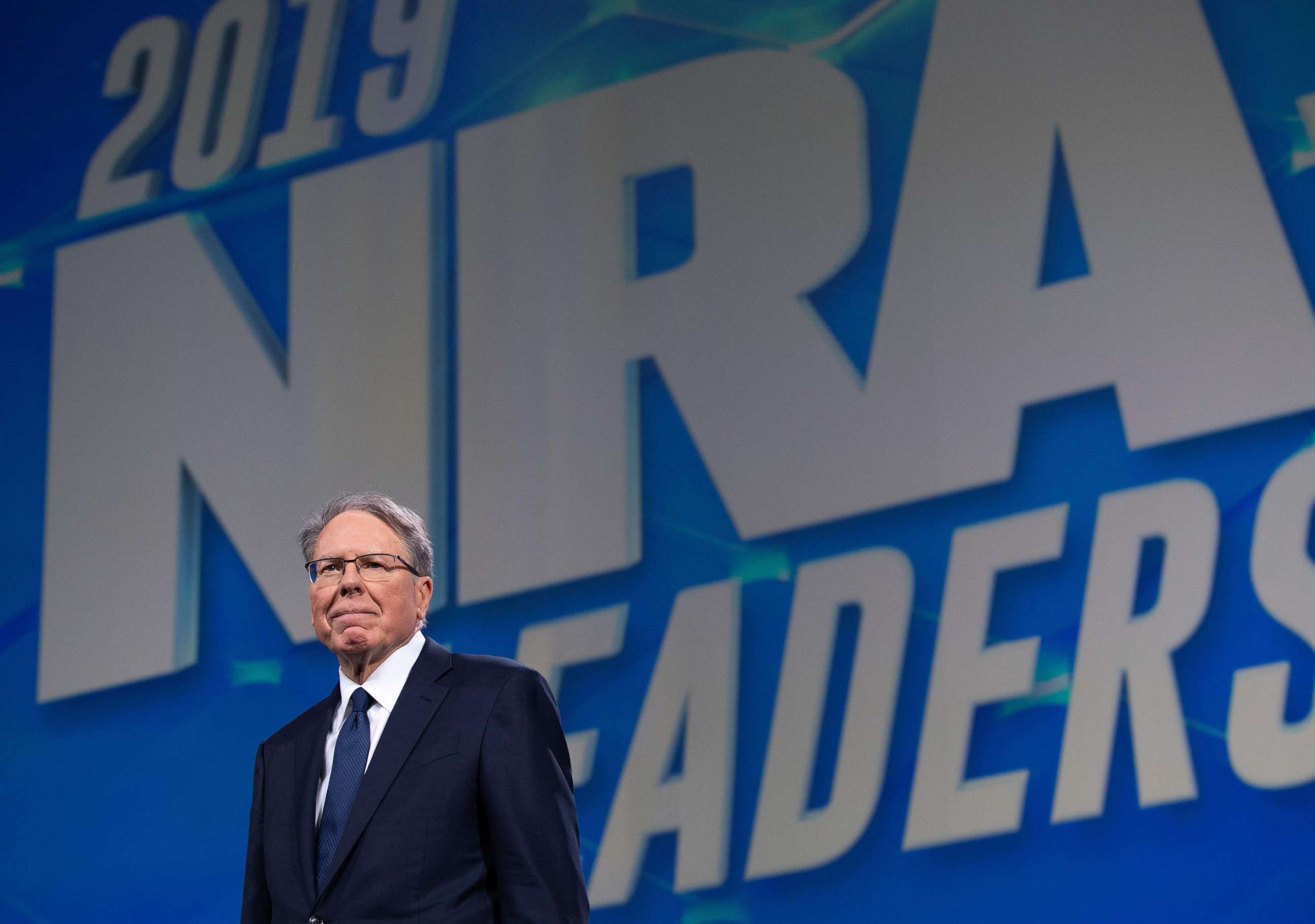 PHOTO: In this file photo taken on April 26, 2019, Wayne LaPierre, Executive Vice President and Chief Executive Officer of the NRA at Lucas Oil Stadium in Indianapolis.