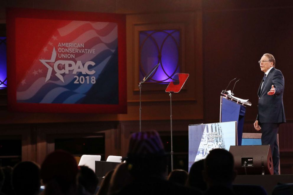 PHOTO: Wayne LaPierre of the NRA speaks at the Conservative Political Action Conference, at National Harbor, Md., Feb. 22, 2018.