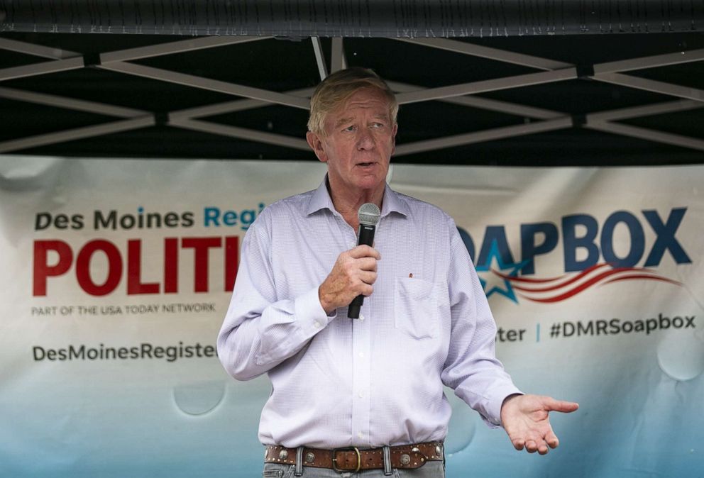 PHOTO: Bill Weld, former Republican Governor of Massachusetts and 2020 Republican presidential candidate, speaks with a members of the media during the Iowa State Fair in Des Moines, Iowa, U.S., on Sunday, Aug. 11, 2019.