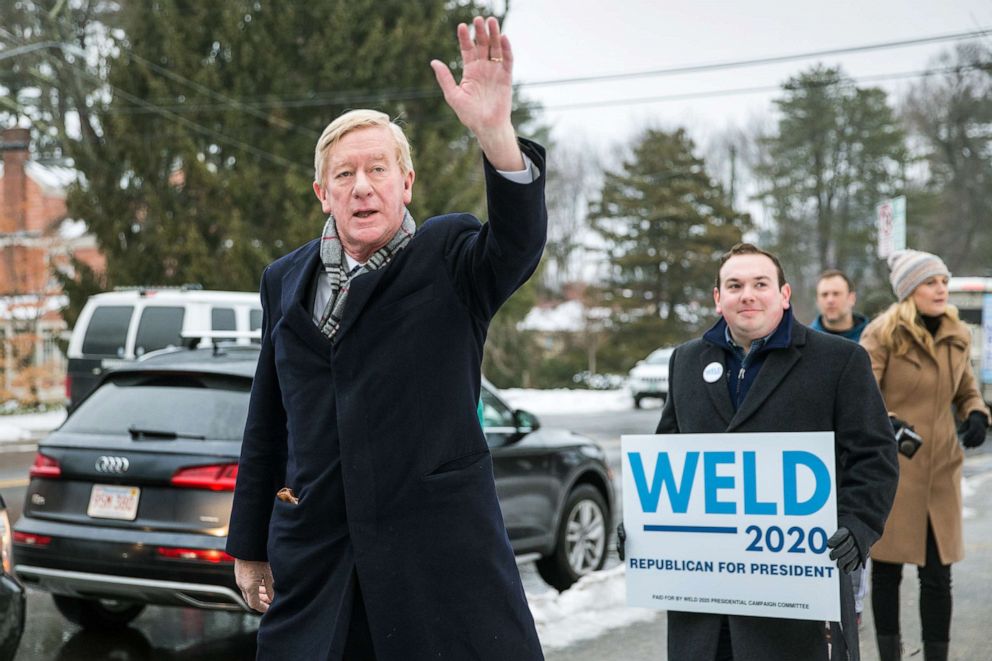 PHOTO: Republican presidential candidate former Massachusetts Governor Bill Weld waves to voters at the Webster Elementary School during the presidential primary on Feb. 11, 2020 in Manchester, N.H.