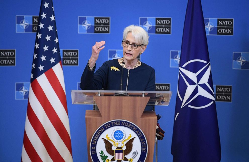 PHOTO: U.S. Deputy Secretary of State Wendy Sherman addresses a press conference following a meeting of the NATO-Russia Council at the NATO headquarters in Brussels on Jan. 12, 2022.