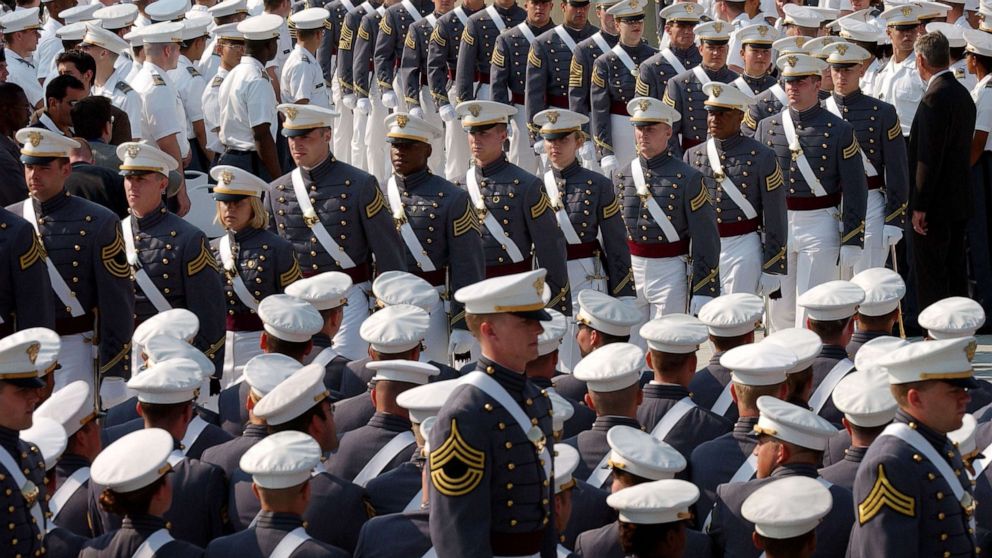 PHOTO: U.S. Military Academy cadets line up before receiving their diplomas and commissions into the officer corp of the U.S. Army June 1, 2002 at West Point in New York.
