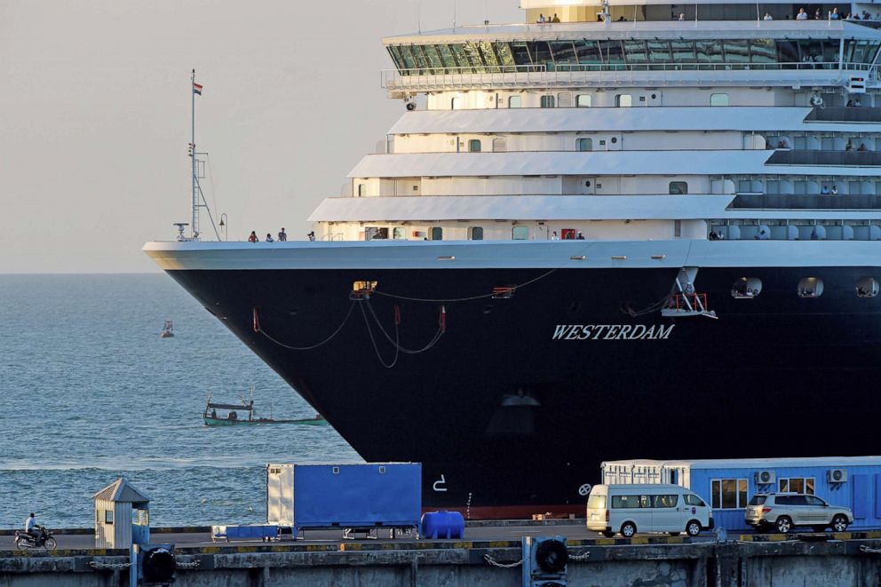 PHOTO: A Westerdam cruise ship arrives at the port in Sihanoukville, Cambodia, Feb. 13, 2020.