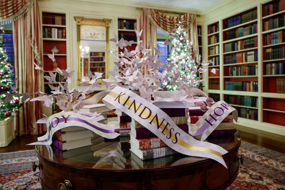 PHOTO: Oversized ribbons decorate the Library in the East Wing during a press tour of White House Christmas decorations in Washington, Nov. 29, 2021.