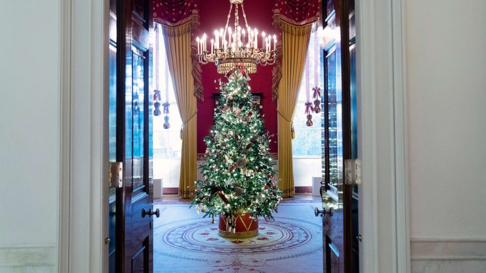 PHOTO: The Red Room of the White House is decorated for the holiday season during a press preview of the White House holiday decorations, Nov. 29, 2021, in Washington.