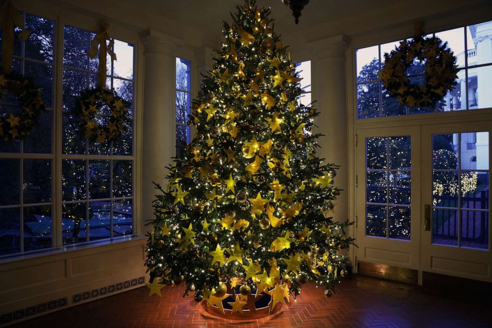 PHOTO: The Gold Star Tree, part of the holiday decorations, is seen at the East Landing of the White House during a press preview, Nov. 29, 2021, in Washington, D.C.