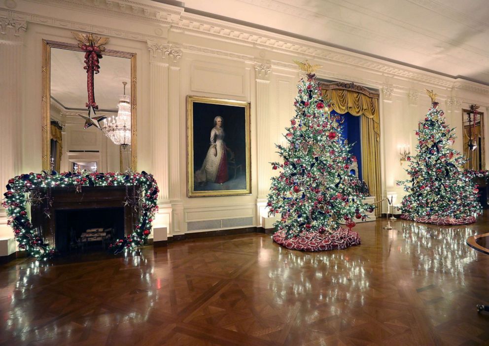 PHOTO: Christmas decorations are on display in the East Room at the White House, Dec. 2, 2019, in Washington, D.C.