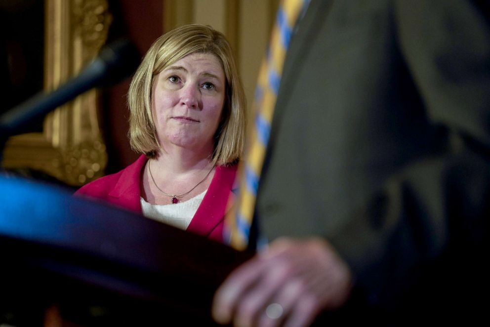 PHOTO: Nan Whaley, mayor of Dayton, Ohio, listens during a news conference calling for the vote in senate on house-passed H.R. 8, Bipartisan Background Checks Act, at the Capitol, Sept. 9, 2019. 