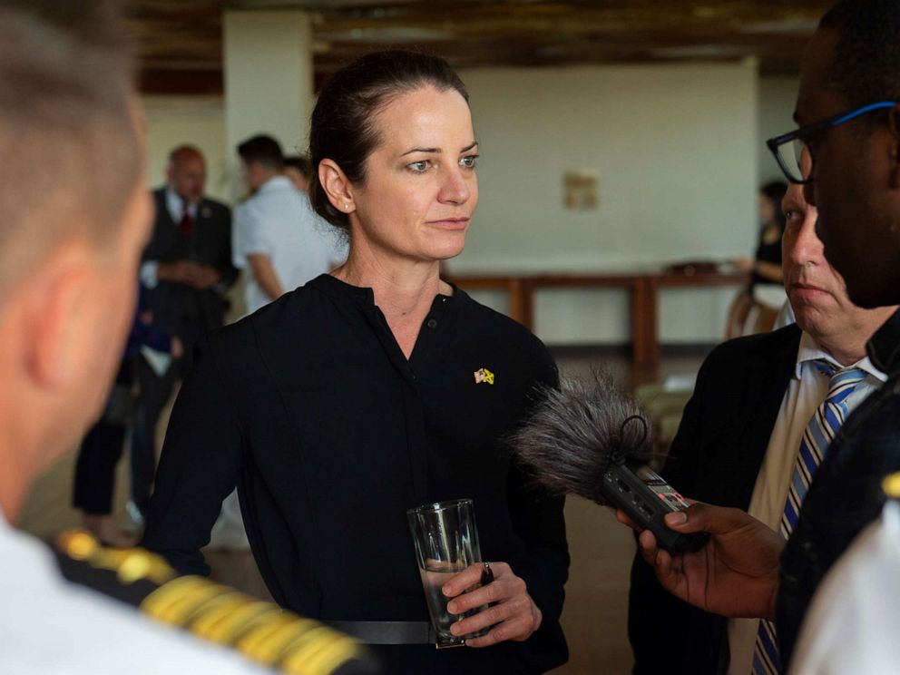 PHOTO: Acting Assistant Secretary of Defense for International Security Affairs, Kathryn Wheelbarger, speaks to a local reporter in Kingston, Jamaica, Nov. 1, 2019