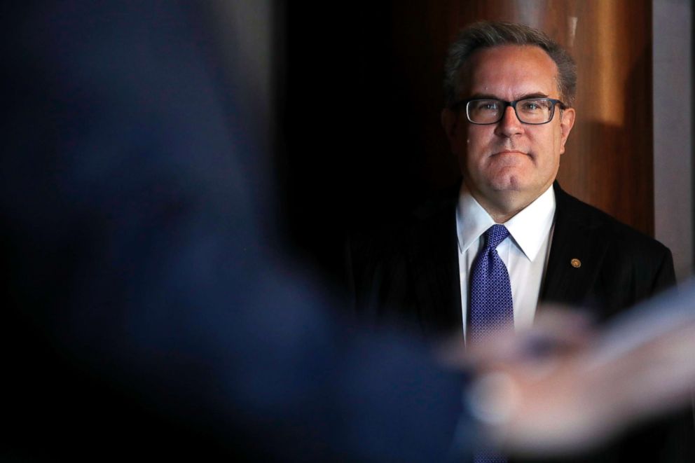 PHOTO: Environmental Protection Agency (EPA) Acting Administrator Andrew Wheeler listens as he is introduced to speak to EPA staff, July 11, 2018, at EPA Headquarters in Washington D.C.