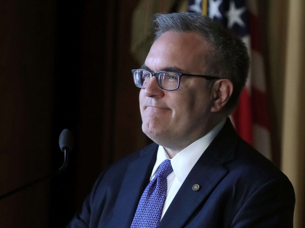 PHOTO: Acting EPA Administrator Andrew Wheeler speaks to staff at the Environmental Protection Agency headquarters on July 11, 2018, in Washington, D.C.