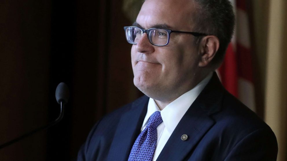 PHOTO: Acting EPA Administrator Andrew Wheeler speaks to staff at the Environmental Protection Agency headquarters on July 11, 2018 in Washington, D.C.