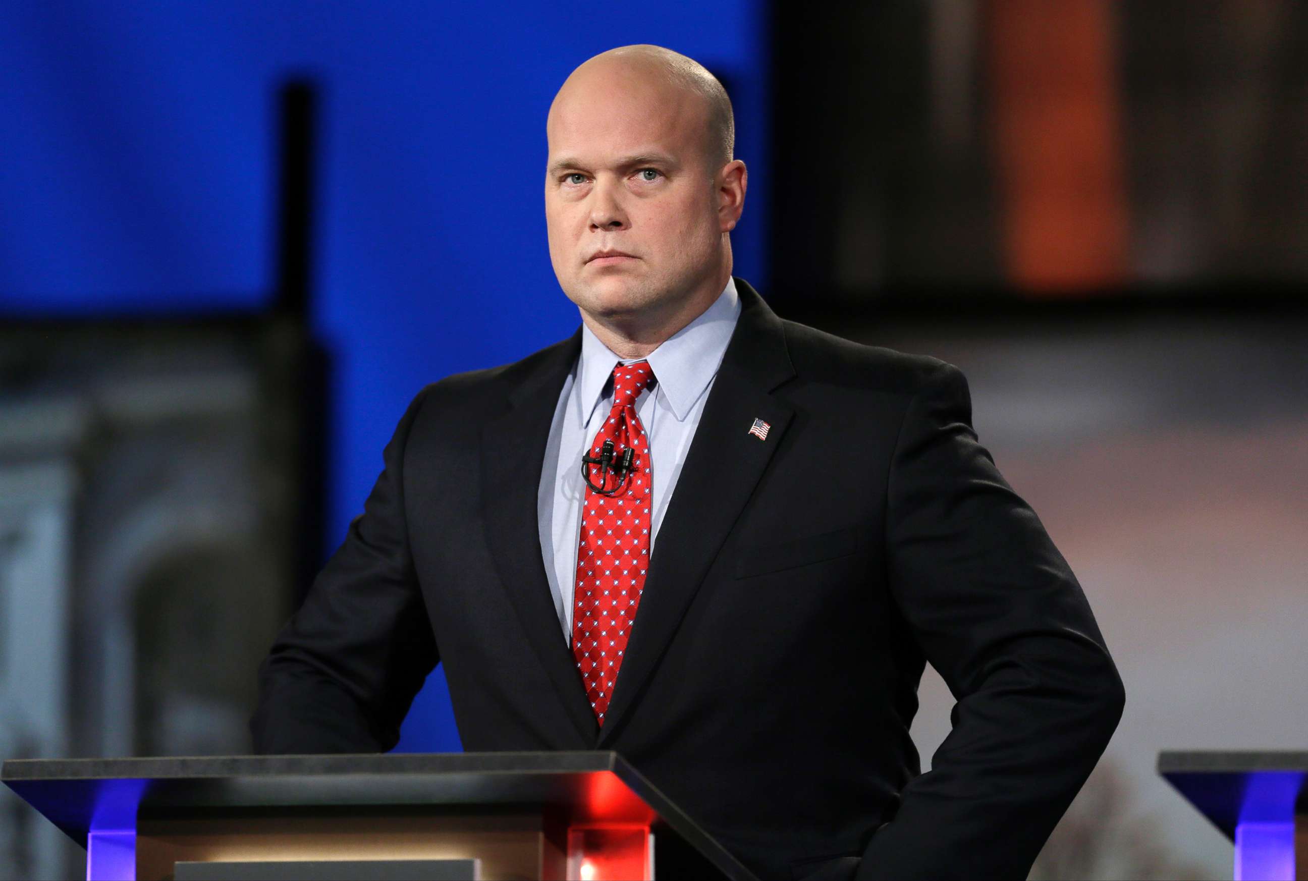 PHOTO: Iowa Republican senatorial candidate and former U.S. Attorney Matt Whitaker waits for the start of a televised debate in Johnston, Iowa, April 24, 2014.