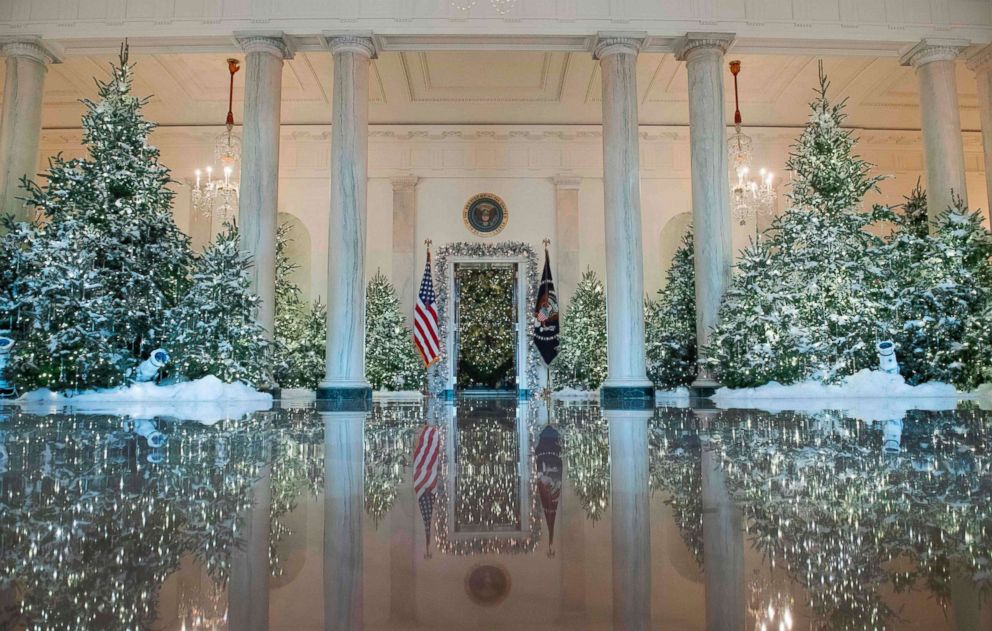 PHOTO: Christmas trees are seen during a preview of holiday decorations in the Grand Foyer of the White House in Washington, Nov. 27, 2017.