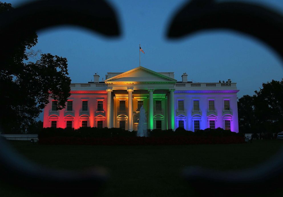 PHOTO: Rainbow-colored lights shine on the White House to celebrate today's US Supreme Court ruling in favor of same-sex marriage June 26, 2015 in Washington, DC.