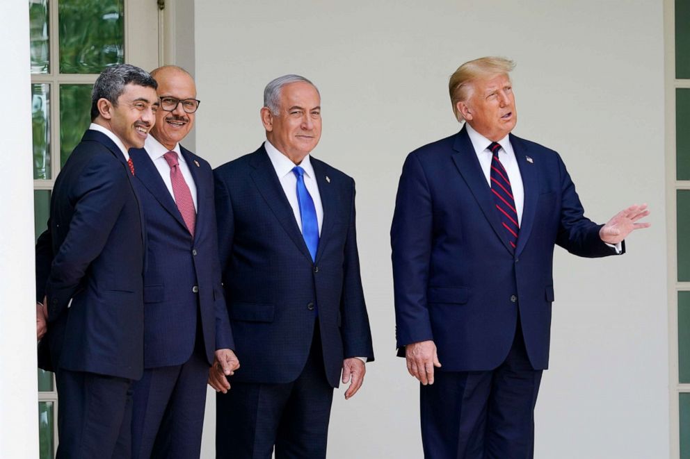 PHOTO: President Donald Trump walks to the Abraham Accords signing ceremony in Washington, Sept. 15, 2020, with Prime Minister Benjamin Netanyahu, Foreign Minister Khalid bin Ahmed Al Khalifa and Foreign Minister Abdullah bin Zayed al-Nahyan.