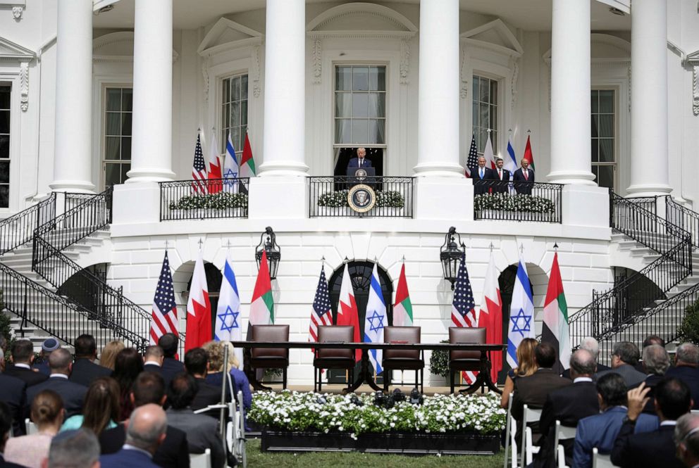 PHOTO: President Donald Trump speaks before the signing of the Abraham Accords, on the South Lawn of the White House in Washington, Sept. 15, 2020.