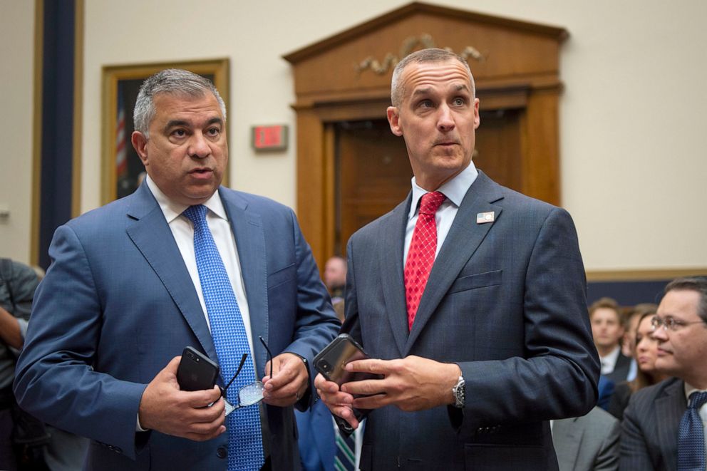PHOTO: Corey Lewandowski stands with David Bossie as he arrives to testify to the House Judiciary Committee in Washington on Sept. 17, 2019.