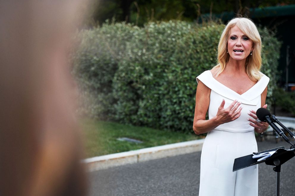 PHOTO: Kellyanne Conway speaks with the press at the White House Aug. 26, 2020.