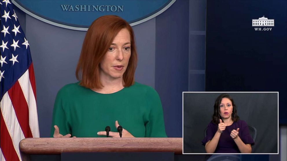 PHOTO: American Sign Language interpreter Heather Mewshaw, right, interprets during a press briefing by White House press secretary Jen Psaki, on Jan. 25, 2021.