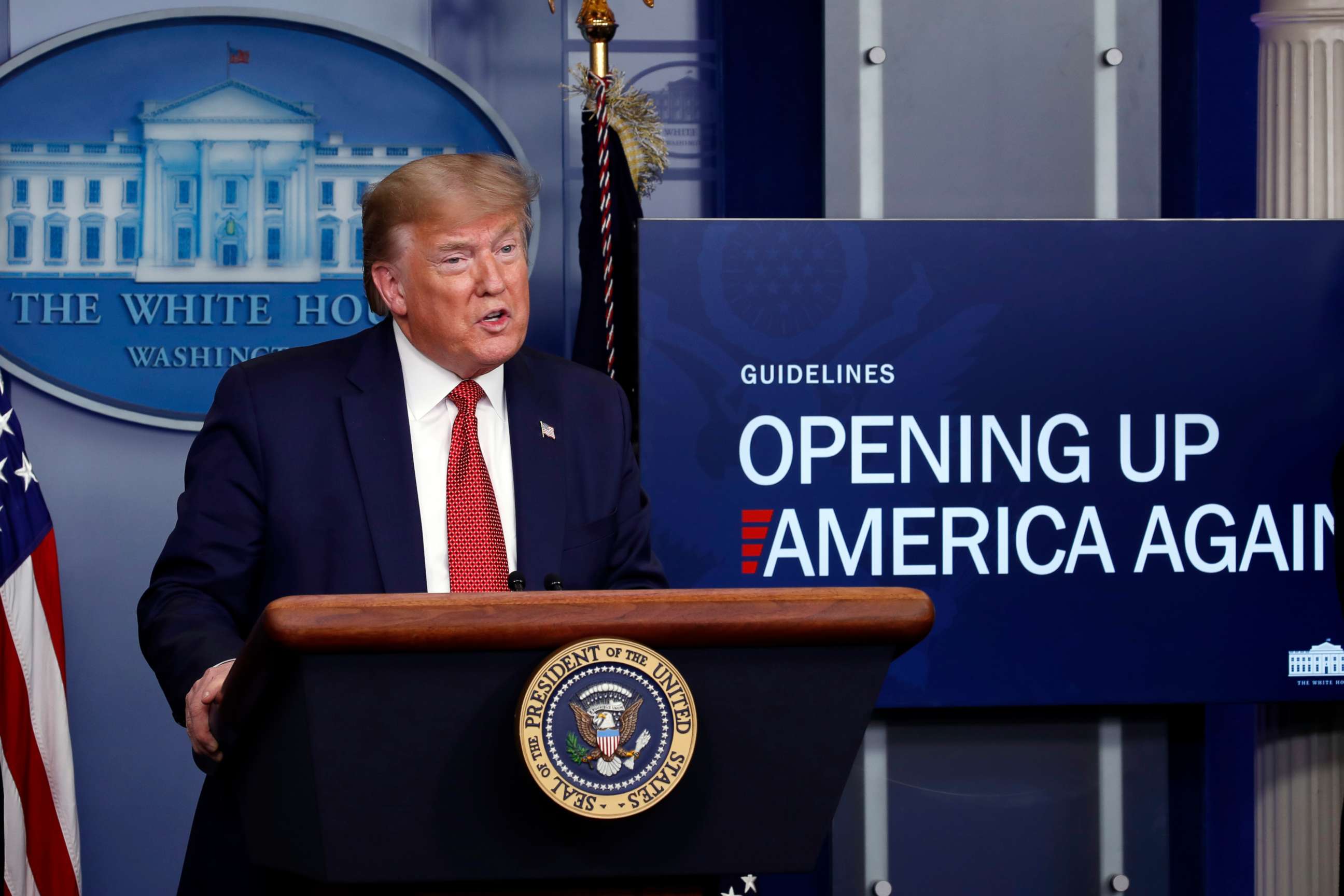 PHOTO: President Donald Trump speaks about the coronavirus in the James Brady Press Briefing Room of the White House, April 16, 2020, in Washington.