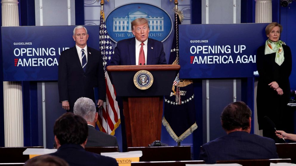 PHOTO: President Donald Trump speaks about the coronavirus in the James Brady Press Briefing Room of the White House, April 16, 2020, in Washington