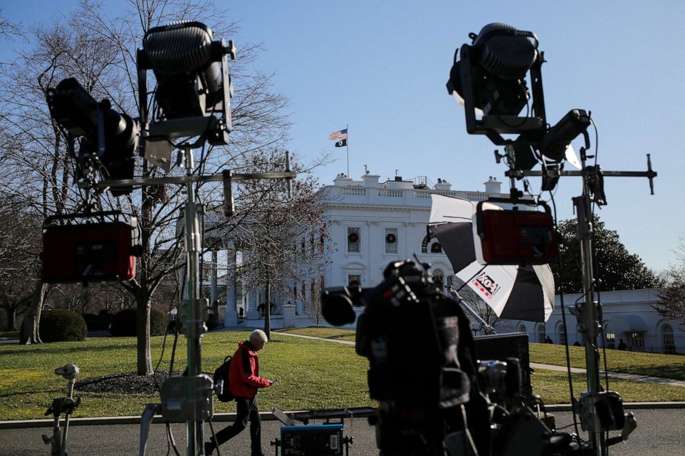 PHOTO: TV cameras are set up by the North Portico of the White House on Dec. 18, 2019 in Washington, D.C., on the day that the House of Representatives will vote on two articles of impeachment against President Donald Trump.