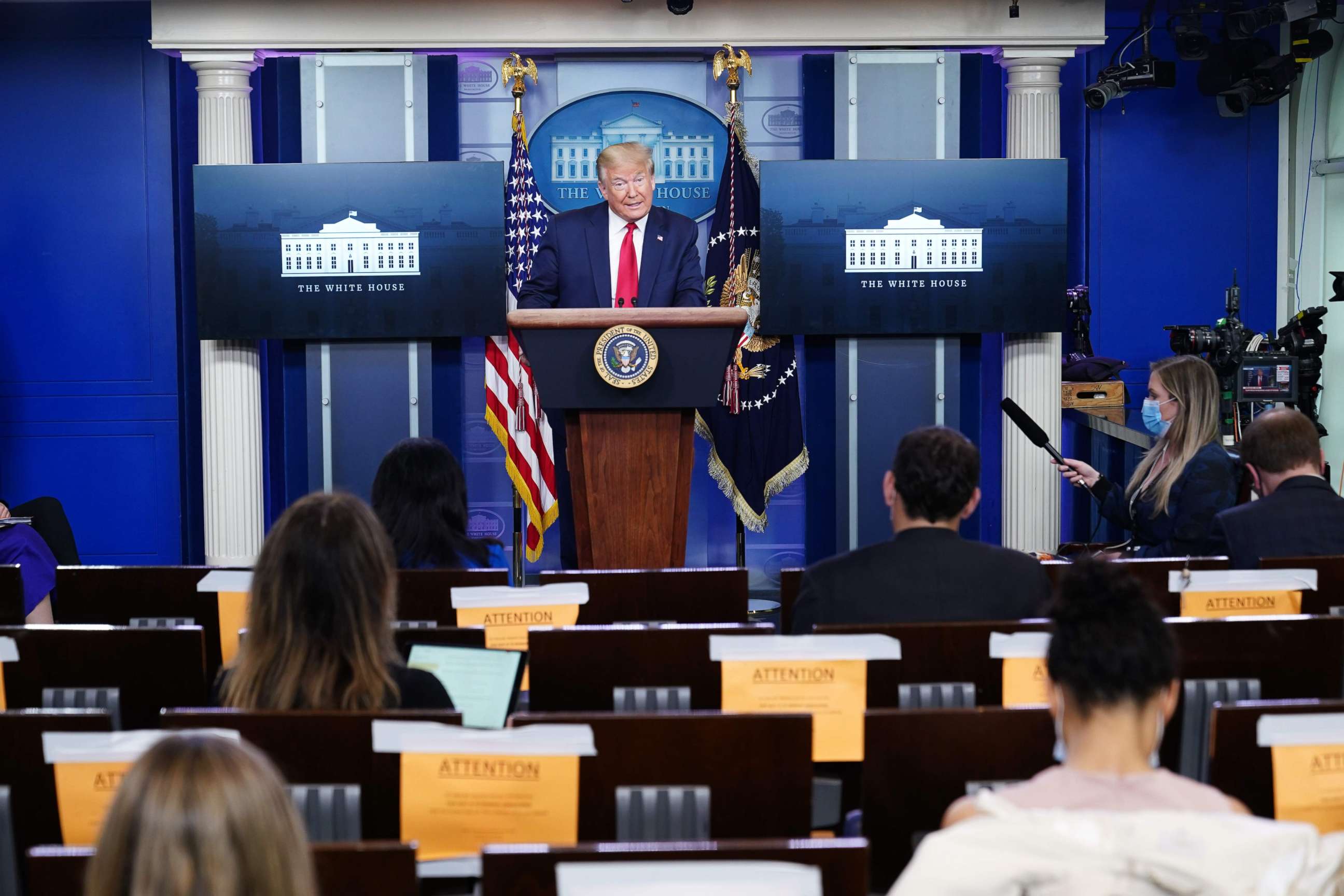 PHOTO: President Donald Trump speaks to the press on May 22, 2020, in the Brady Briefing Room of the White House in Washington.