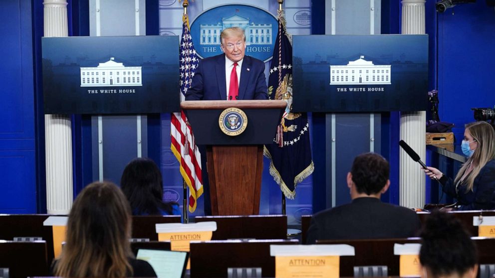 PHOTO: President Donald Trump speaks to the press on May 22, 2020, in the Brady Briefing Room of the White House in Washington.