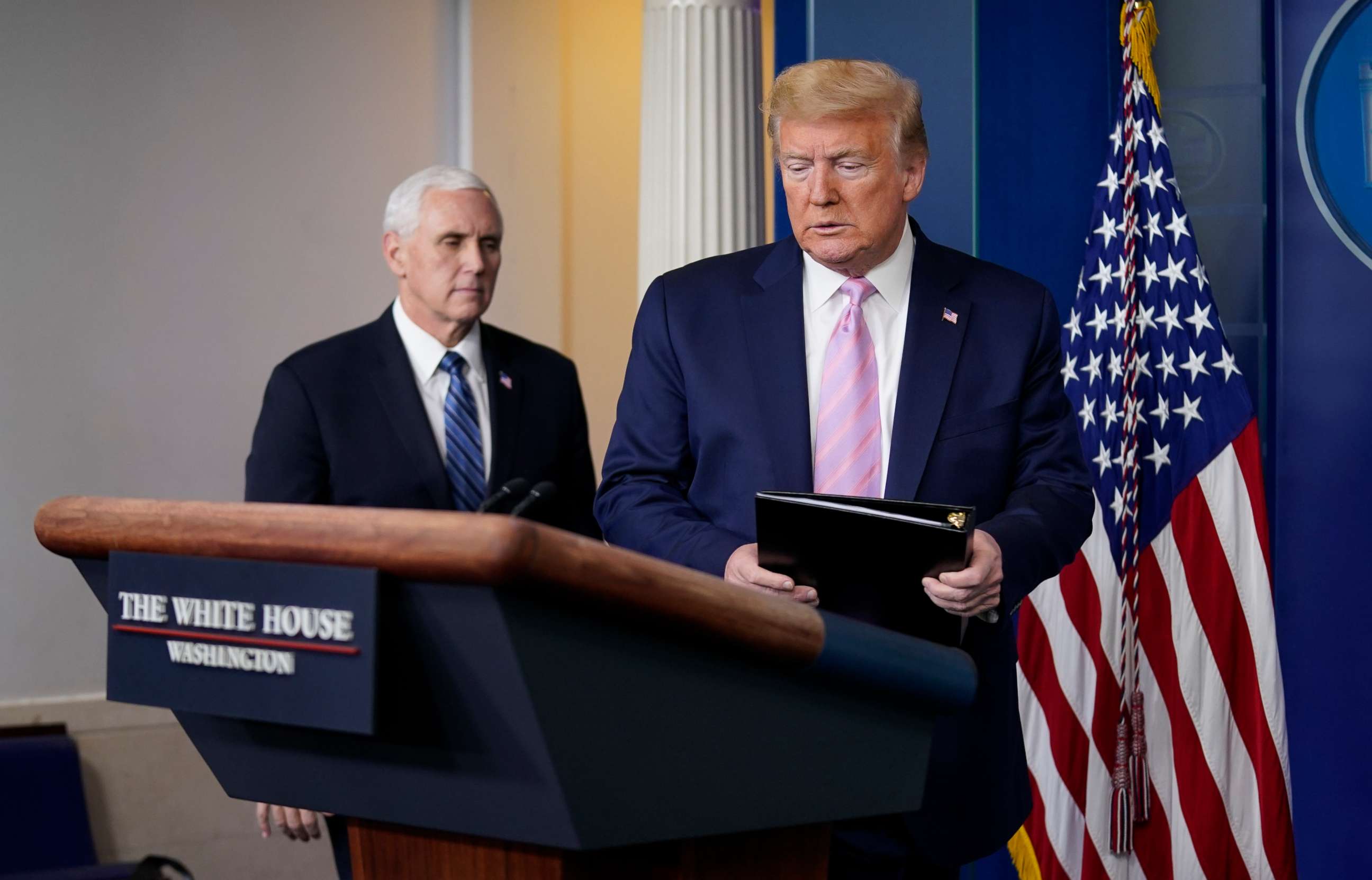 PHOTO: President Donald Trump arrives to speak during a coronavirus task force briefing at the White House, April 10, 2020, in Washington.