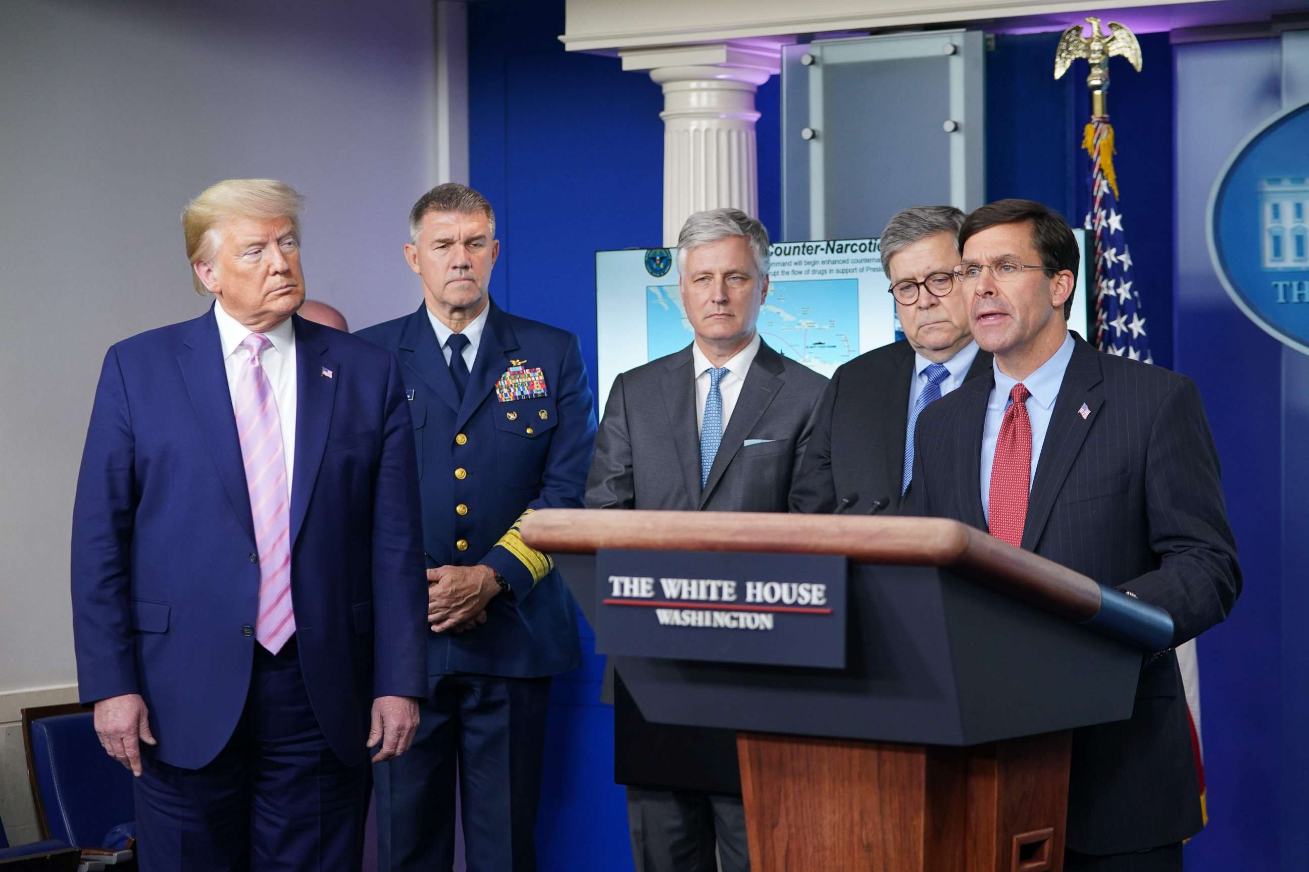 PHOTO: Defense Secretary Mark Esper speaks during the daily briefing on the novel coronavirus, COVID-19, in the Brady Briefing Room at the White House on April 1, 2020, in Washington.
