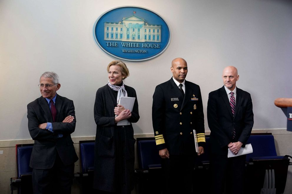 PHOTO: Dr. Anthony Fauci, Dr. Deborah Birx, Surgeon General Jerome Adams, and Food and Drug Administration Commissioner Dr. Stephen Hahn attend a coronavirus task force briefing at the White House, April 10, 2020, in Washington.