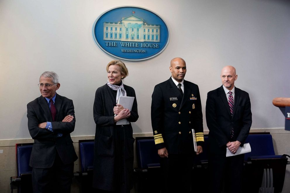 PHOTO: Dr. Anthony Fauci, Dr. Deborah Birx, Surgeon General Jerome Adams, and Food and Drug Administration Commissioner Dr. Stephen Hahn?attend a coronavirus task force briefing at the White House, April 10, 2020, in Washington.