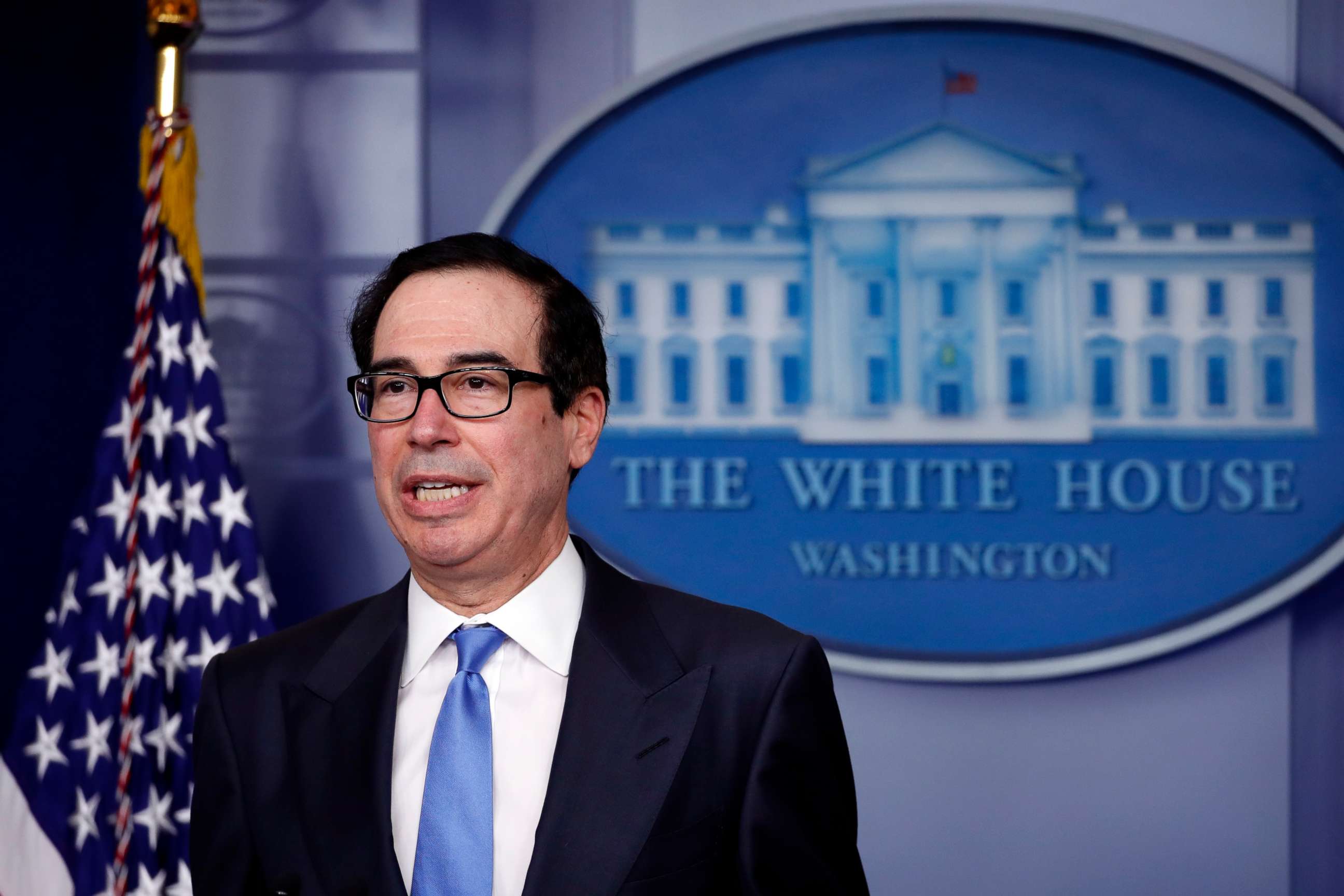 PHOTO: Treasury Secretary Steven Mnuchin speaks about the coronavirus in the James Brady Press Briefing Room of the White House, April 21, 2020, in Washington.