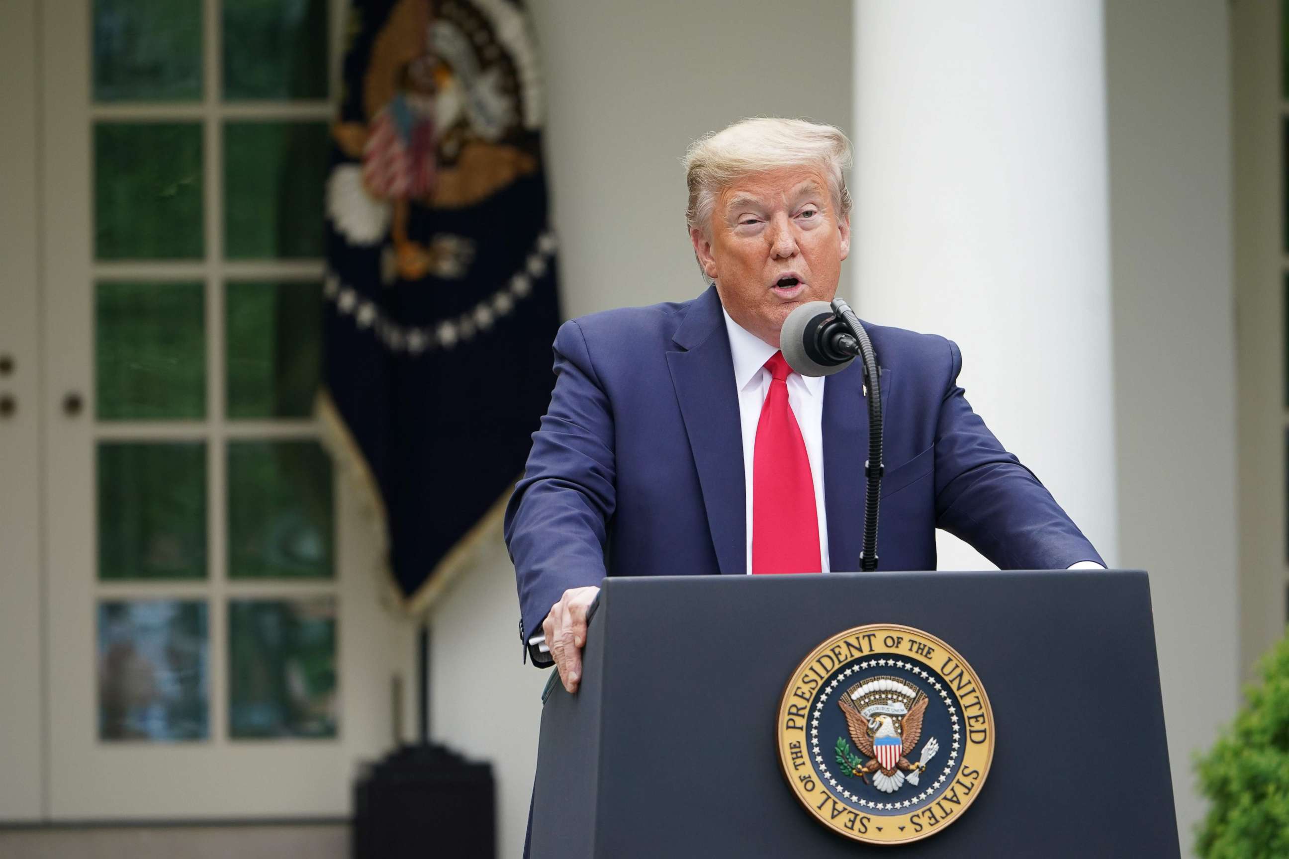 PHOTO: President Donald Trump speaks during the daily briefing on the novel coronavirus in the Rose Garden of the White House on April 14, 2020, in Washington.