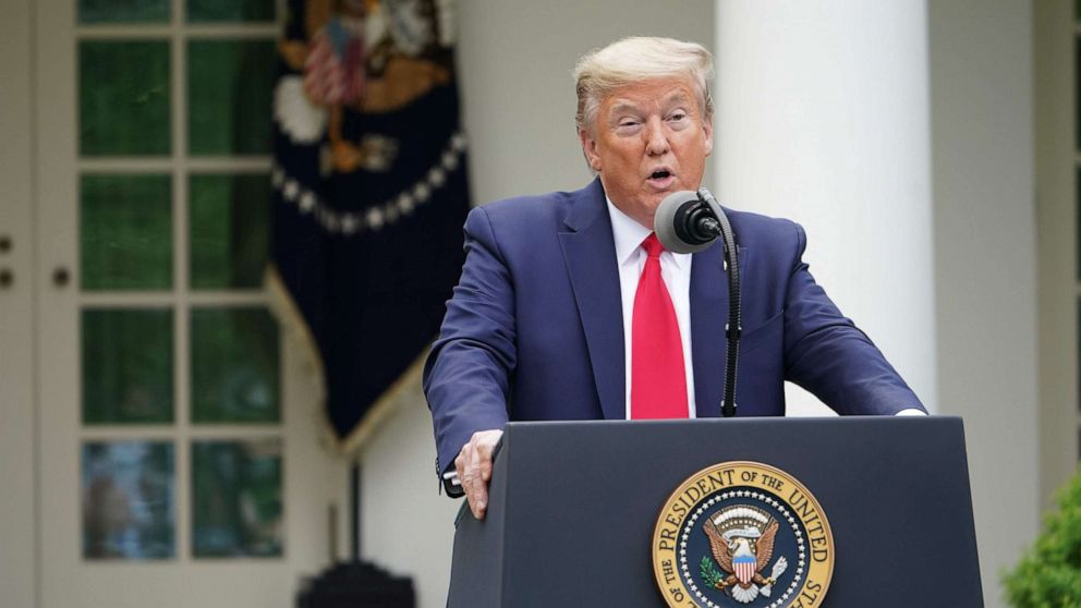 PHOTO: President Donald Trump speaks during the daily briefing on the novel coronavirus in the Rose Garden of the White House on April 14, 2020, in Washington.
