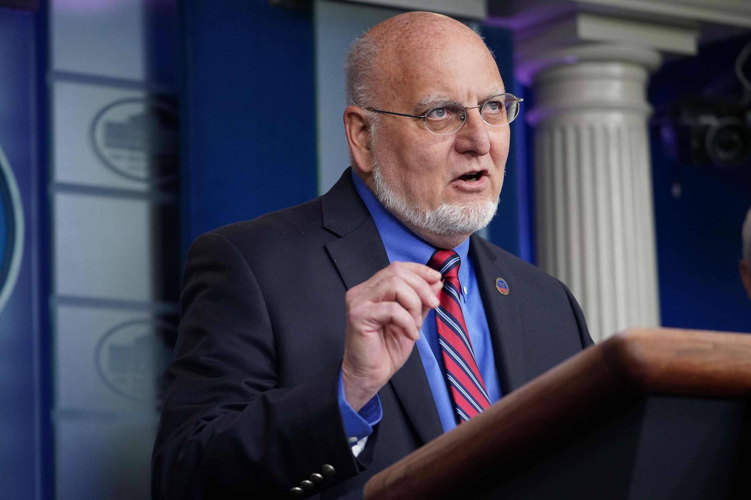 PHOTO: CDC Director Robert Redfield speaks during the daily briefing on the novel coronavirus, which causes COVID-19, in the Brady Briefing Room of the White House on April 22, 2020, in Washington.