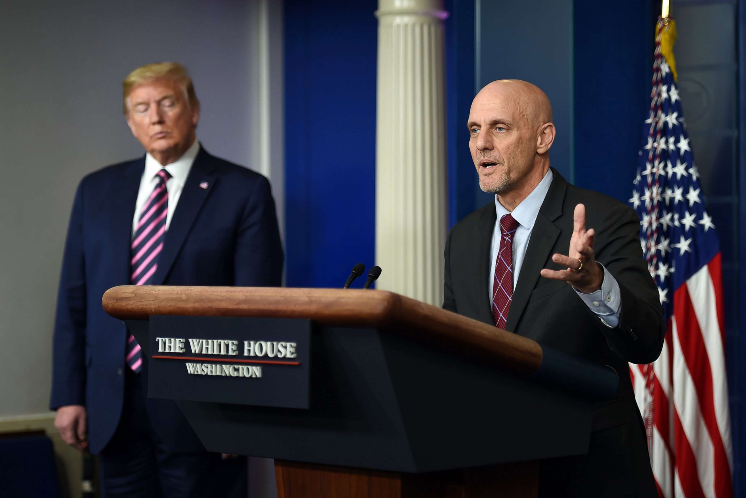 PHOTO: Commissioner of Food and Drugs Stephen Hahn speaks during the daily briefing on the novel coronavirus, which causes COVID-19, in the Brady Briefing Room of the White House, April 24, 2020.