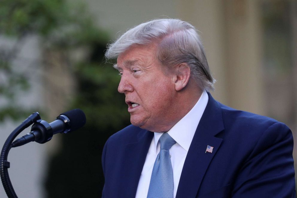 PHOTO: President Donald Trump addresses for the daily coronavirus task force briefing in the Rose Garden at the White House in Washington, April 15, 2020.