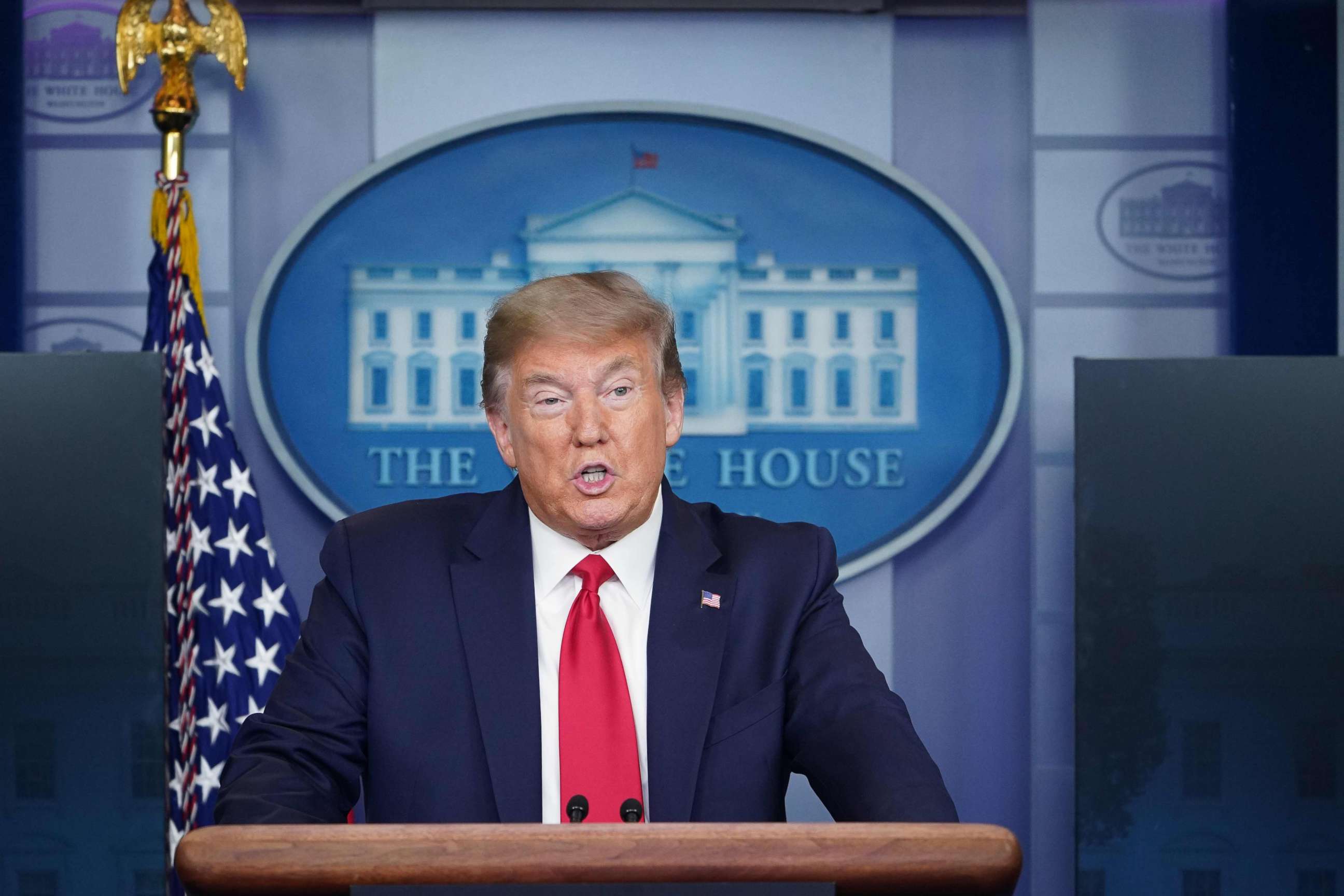 PHOTO: President Donald Trump speaks during the daily briefing on the novel coronavirus,  at the White House on April 13, 2020, in Washington.