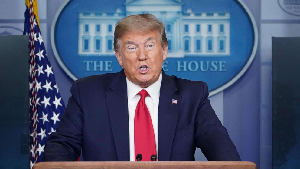 PHOTO: President Donald Trump speaks during the daily briefing on the novel coronavirus,  at the White House on April 13, 2020, in Washington.