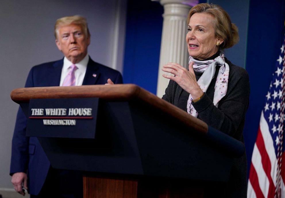 PHOTO: President Donald Trump listens as White House coronavirus response coordinator Dr. Deborah Birx speaks during a coronavirus task force briefing at the White House, April 10, 2020, in Washington.