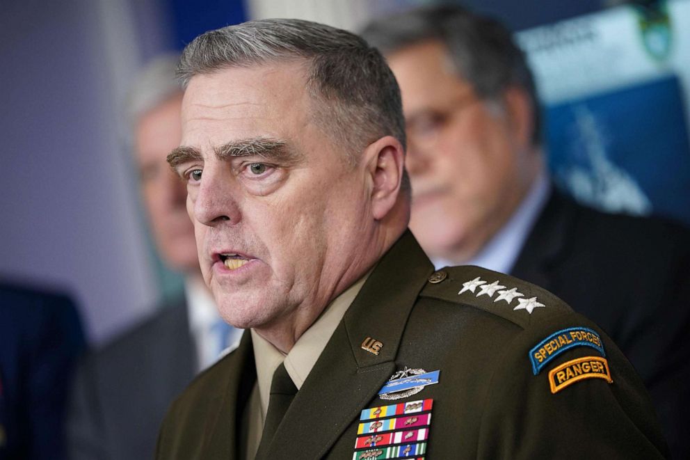 PHOTO: Chairman of the Joint Chiefs of Staff Gen. Mark Milley speaks during the daily briefing on the novel coronavirus, COVID-19, in the Brady Briefing Room at the White House on April 1, 2020, in Washington.