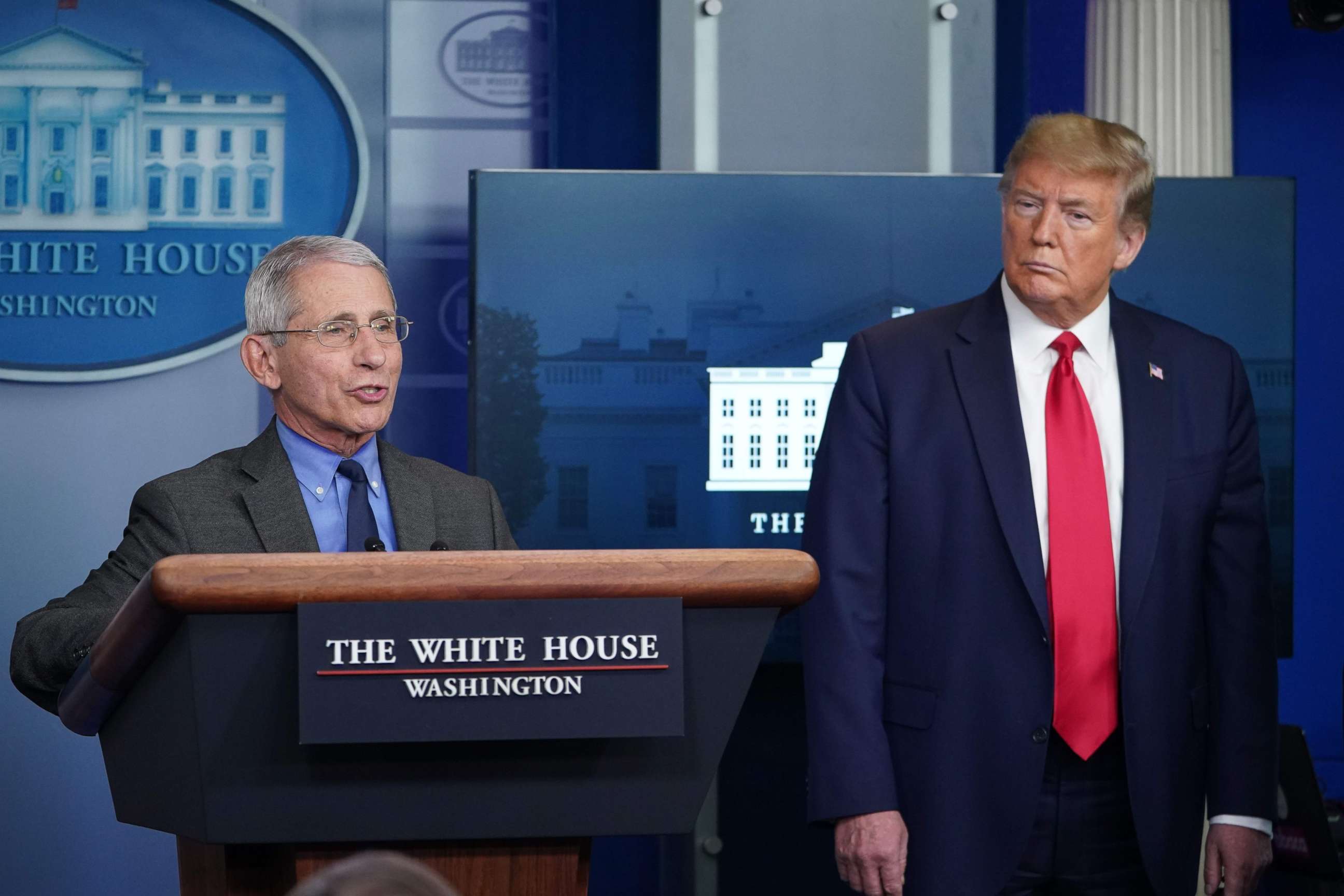 PHOTO: Director of the National Institute of Allergy and Infectious Diseases Anthony Fauci speaks as President Donald Trump listens in the Brady Briefing Room at the White House on April 13, 2020, in Washington.