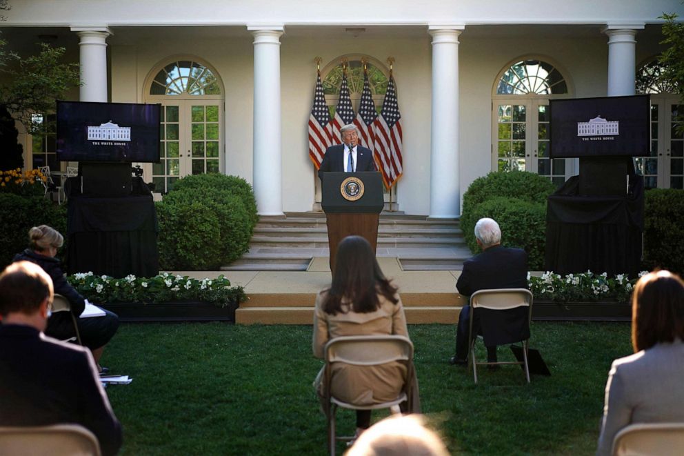 PHOTO: President Donald Trump speaks during the daily briefing on the novel coronavirus, in the Rose Garden at the White House, April 15, 2020, in Washington.