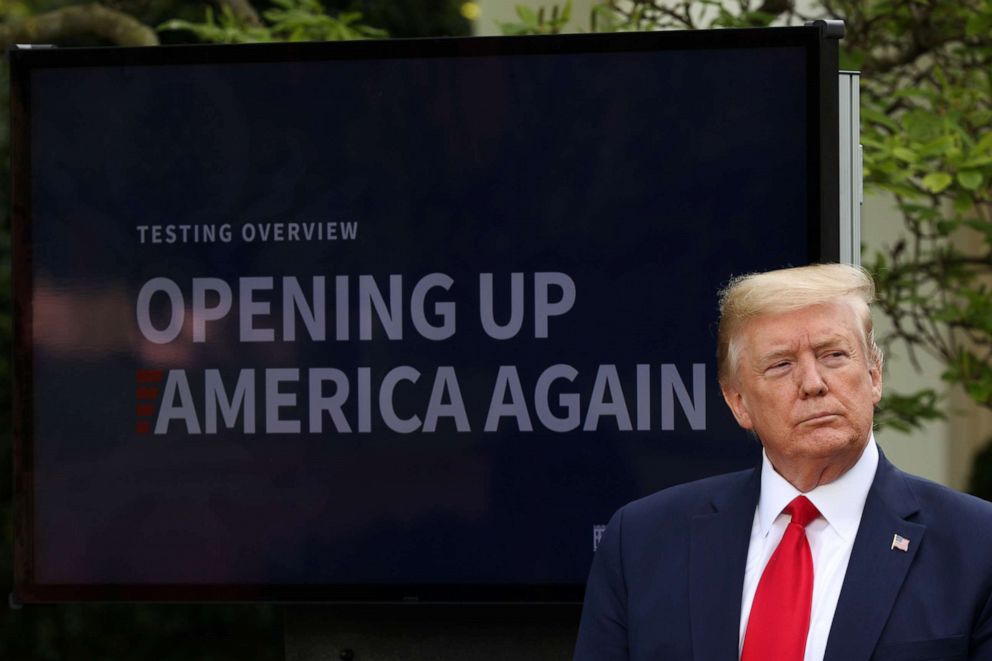 PHOTO: President Donald Trump looks on during the daily briefing of the coronavirus task force in the Rose Garden at the White House on April 27, 2020, in Washington.