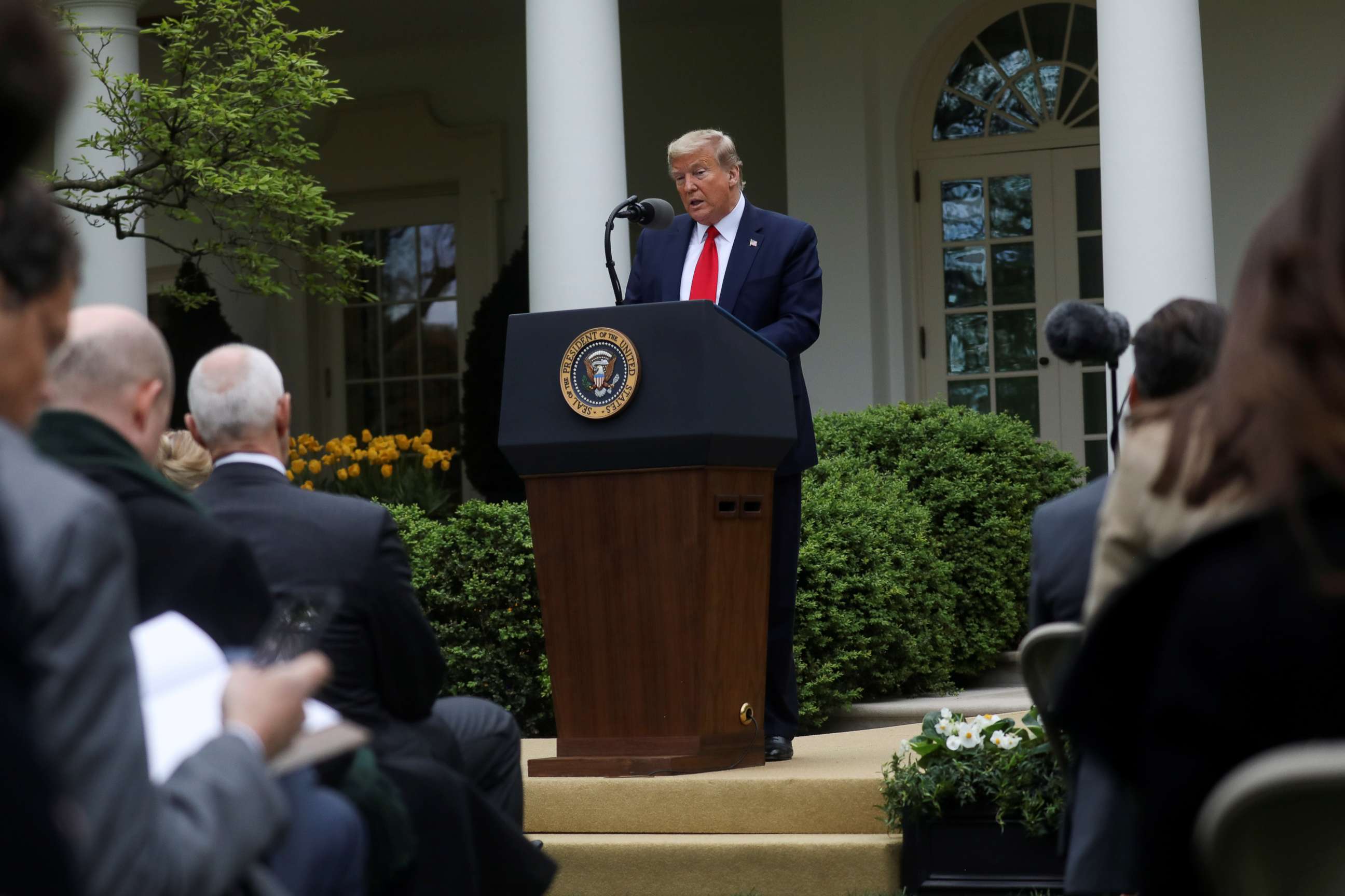 PHOTO: President Donald Trump addresses the daily coronavirus task force briefing in the Rose Garden at the White House in Washington, April 14, 2020.