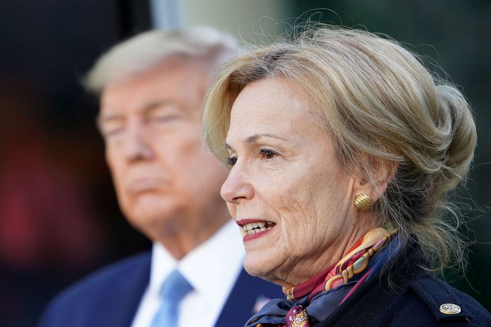 PHOTO: Response coordinator for White House Coronavirus Task Force Deborah Birx speaks as President Donald Trump listens during the daily briefing on the novel coronavirus, COVID-19, in the Rose Garden of the White House on April 15, 2020, in Washington.