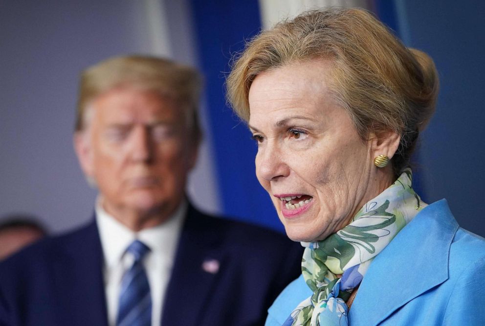 PHOTO: Response coordinator for White House Coronavirus Task Force Deborah Birx speaks as President Donald Trump listens during the daily briefing on the novel coronavirus in the Brady Briefing Room of the White House in Washington, April 21, 2020.